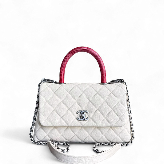 Chanel Coco Handle Small - Caviar Quilted Grained Calfskin White Ruthenium Silver Hardware