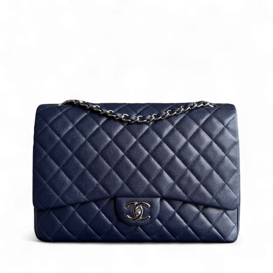 Chanel Classic Flap Maxi - Caviar Double Flap 33CM Quilted Grained Calfskin Dark Blue Silver Hardware Series 18
