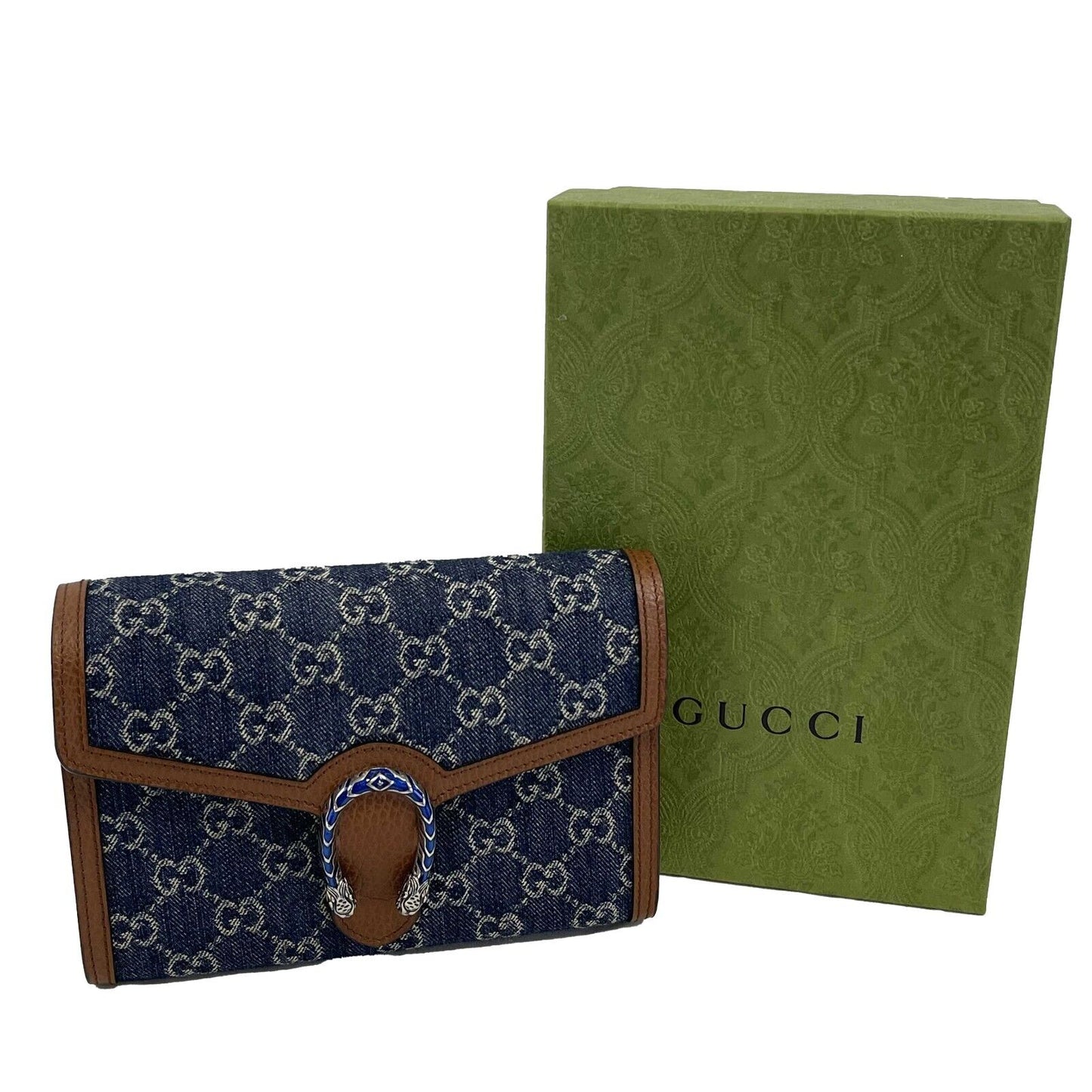 GUCCI - Dionysus GG Denim Shoulder Bag Collection - Blue Brown w/ Shoulder Chain