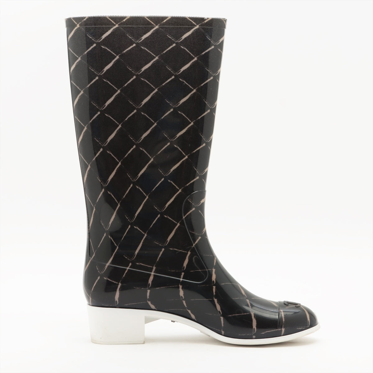 Chanel Coco Laver Rain Boots 35  Black x Beige Upper Inside Head Yogurt at