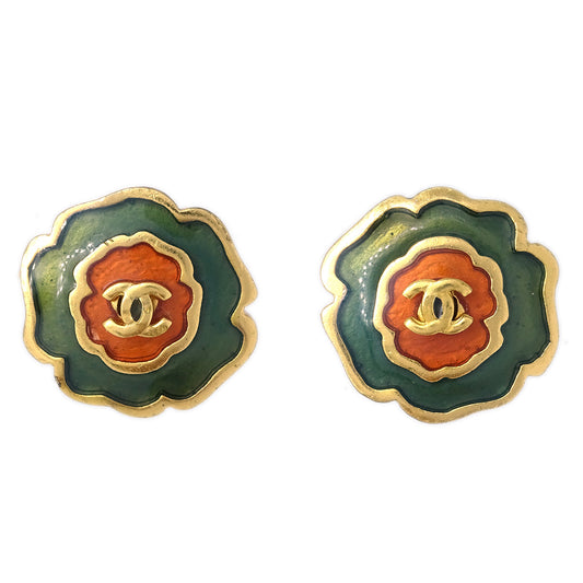 Chanel Flower Piercing Earrings Gold Green 03P