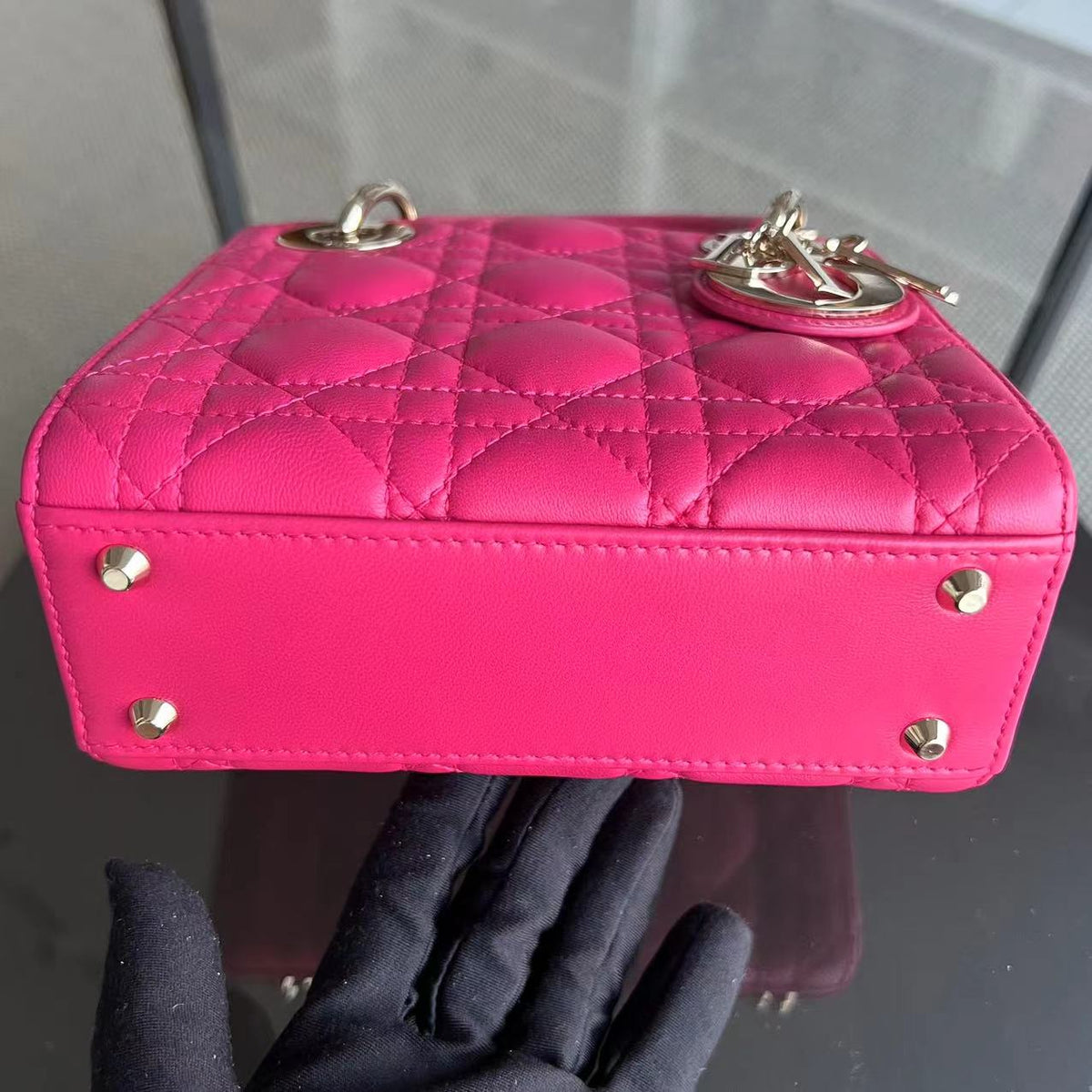 Lady Mini Lambskin Cannage Hot Pink Golden Hardware