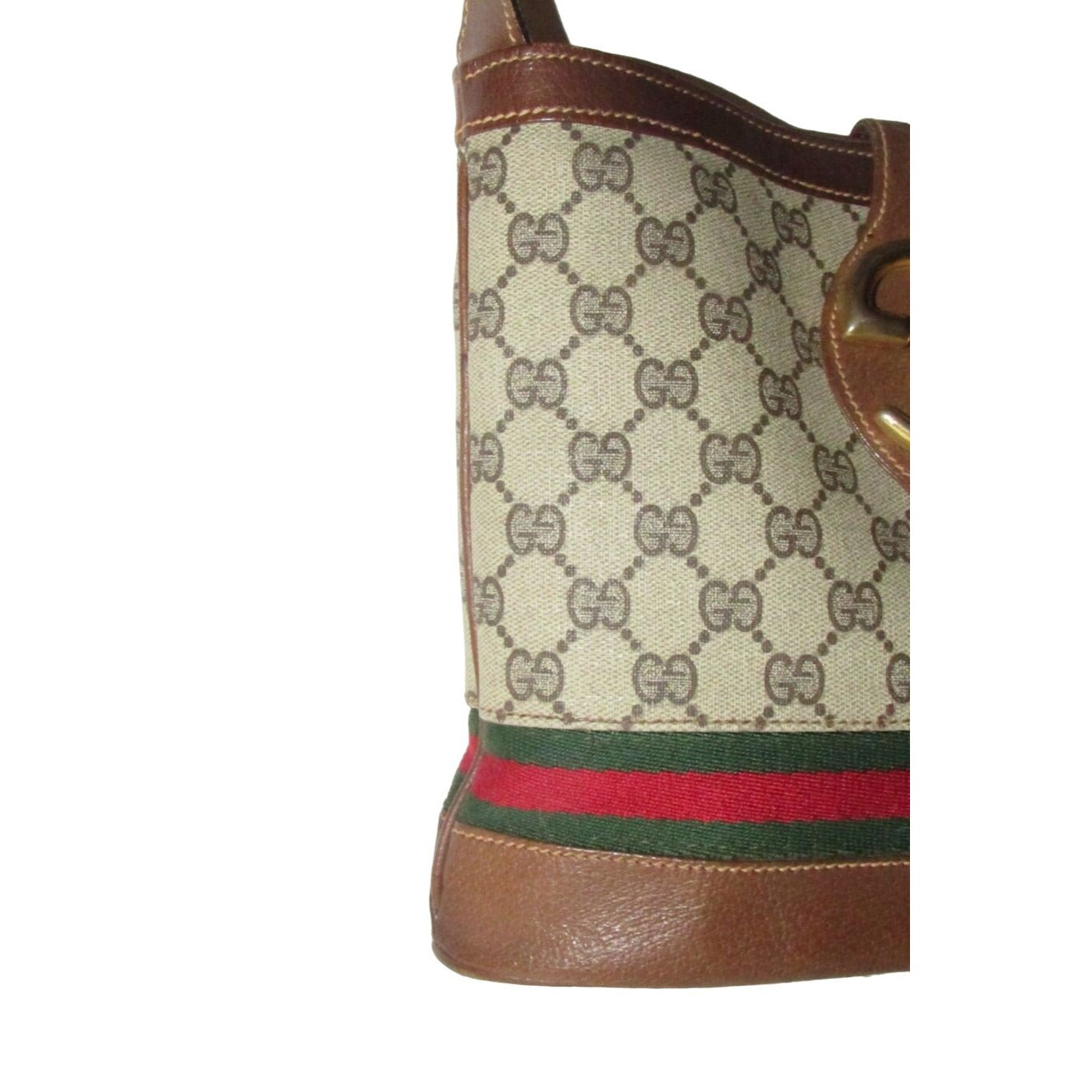 RARE, Gucci, brown Guccissima print canvas & leather, bucket bag with an XL bold gold 'GG' & red & green stripe