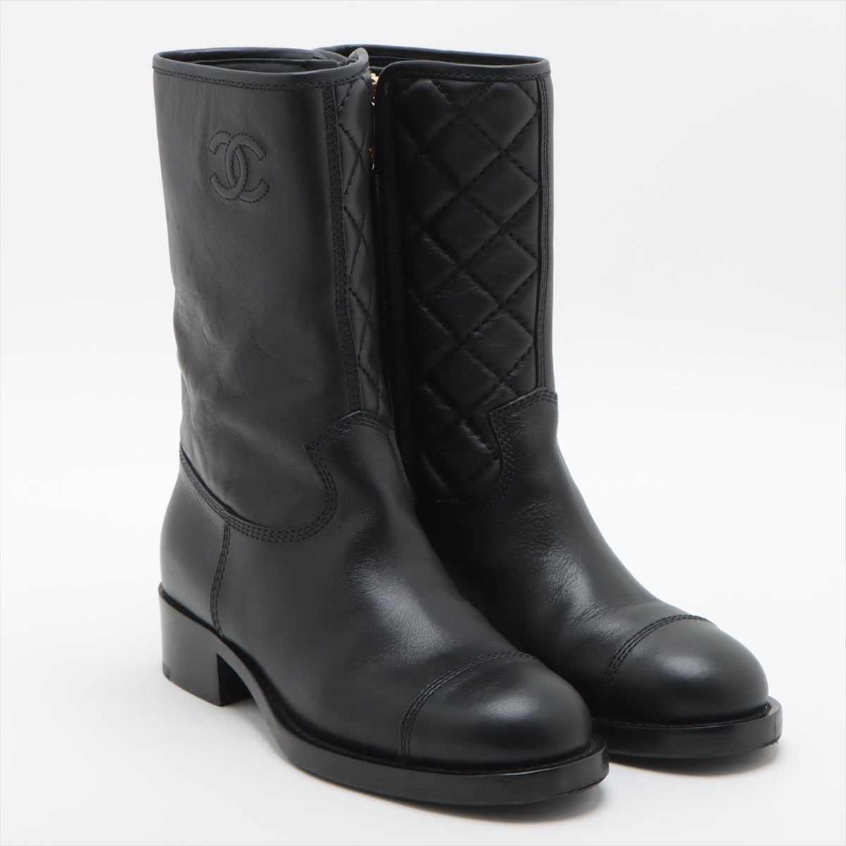 Chanel Coco Leather Short Boots 36C  Black G36707 Matrasse Side Zip