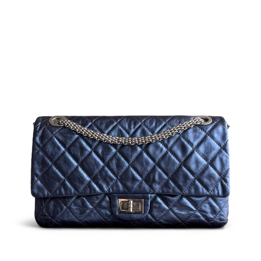Chanel 2.55 Reissue 228 Maxi - 35CM Quilted Metallic Calfskin Blue Ruthenium Silver Hardware Series 12