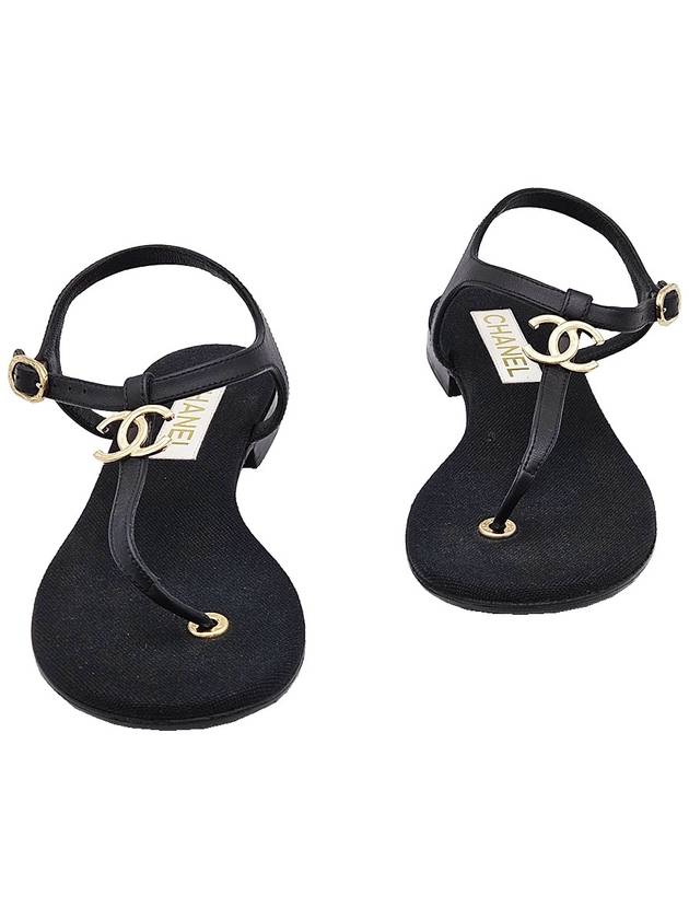 Chanel G39627 Black Lambskin CC Logo T Strap Sandals 37 5 Chanel
