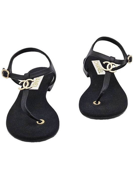 Chanel G39627 Black Lambskin CC Logo T Strap Sandals 37 5 Chanel
