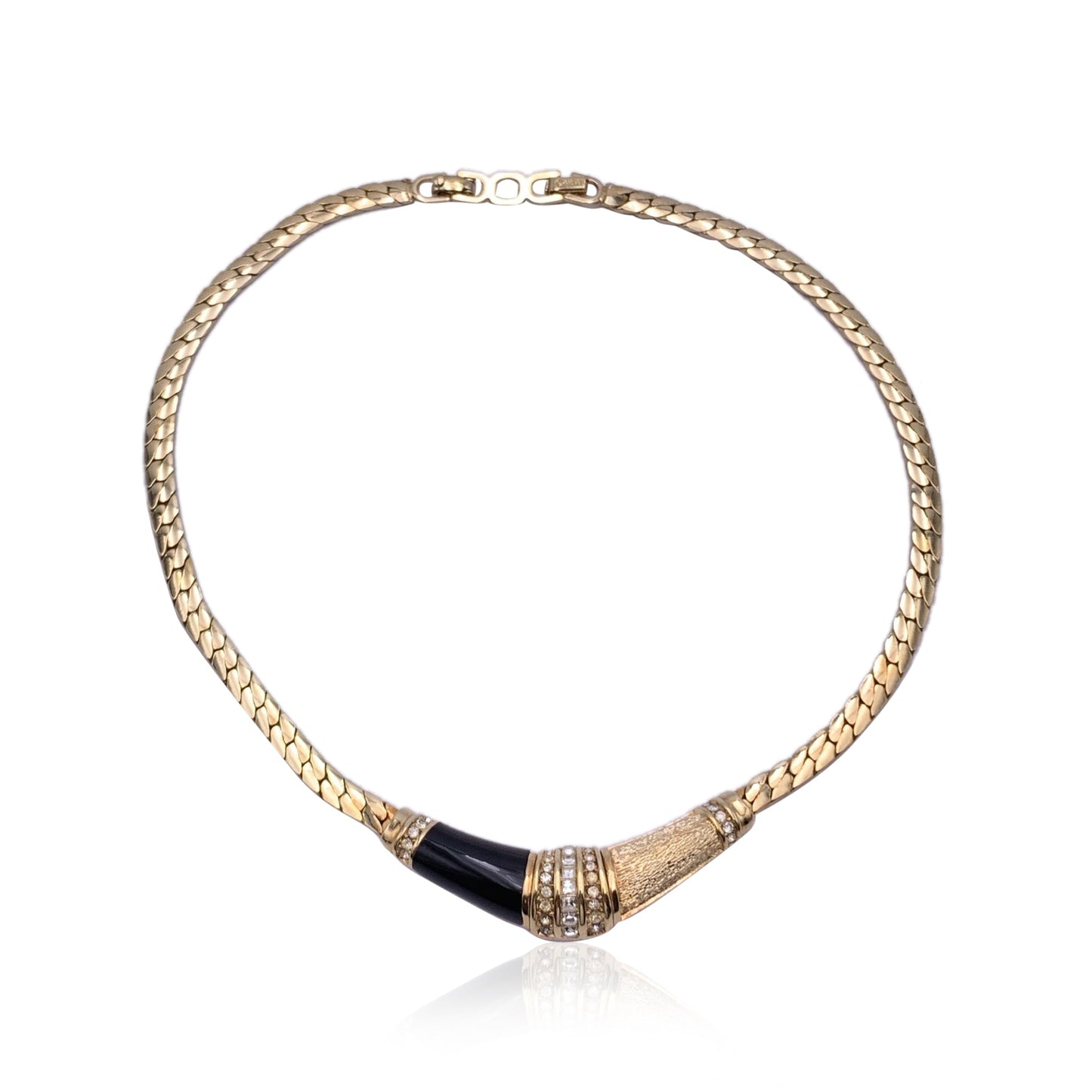 CHRISTIAN DIOR Vintage Gold Metal Crystal Black Enamel Necklace