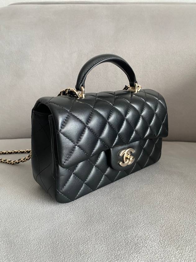 New Mini Top Handle Flap Bag Lambskin Black Gold Shamgol AS2431 Chanel