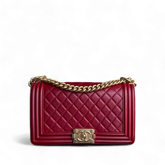 Chanel Boy Medium - 25CM Quilted Lambskin Red Gold Hardware Series 24