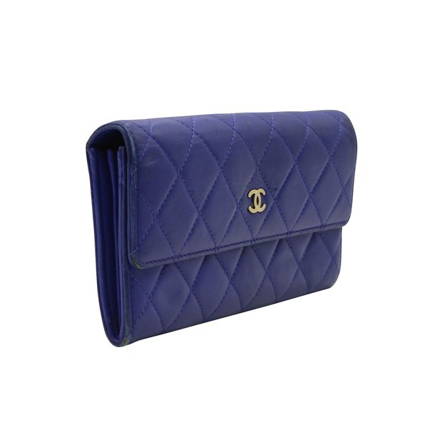 CHANEL Blue Quilted Caviar Leather Wallet