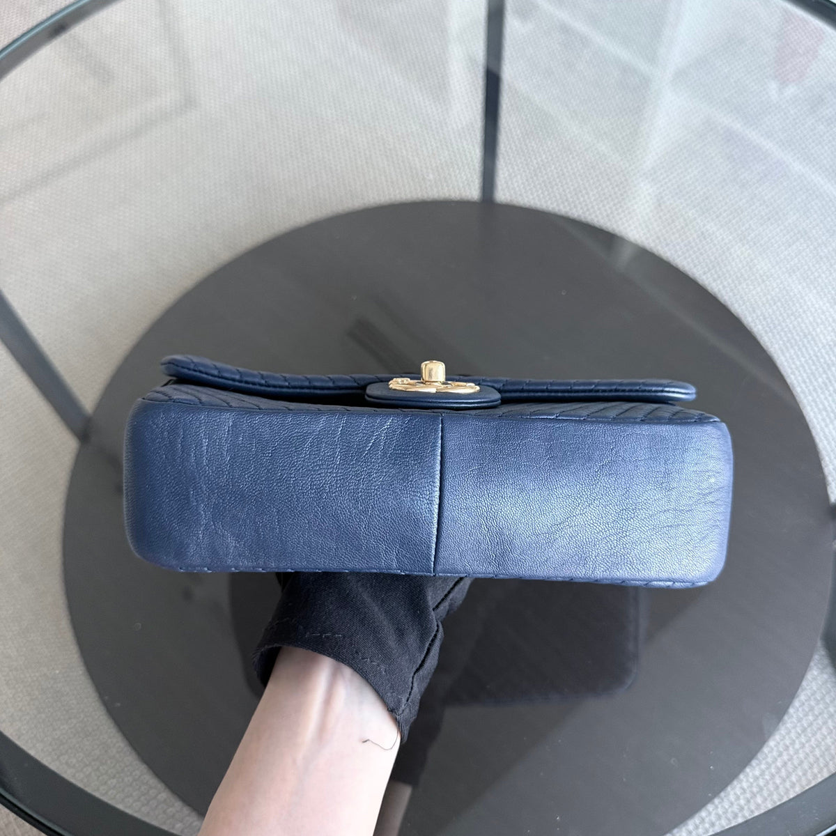 Chanel Seasonal Flap Herringbone - 23CM Calfskin Chevron Blue Distressed Aged Gold Hardware Series 21