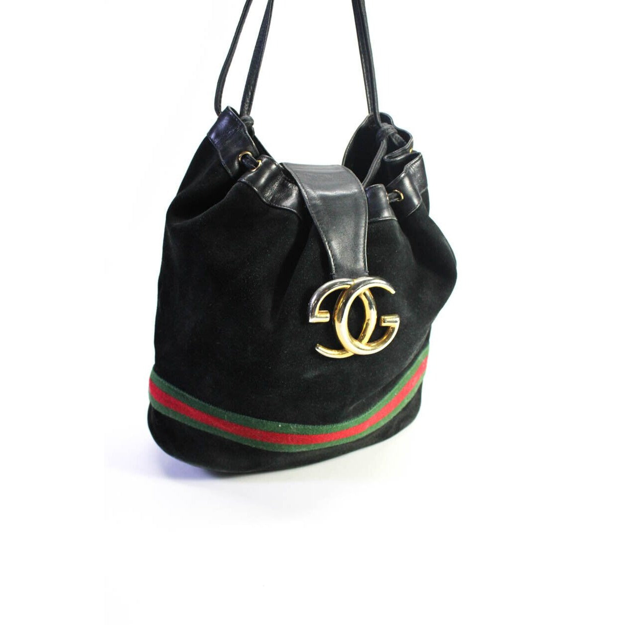 RARE, Gucci, black suede & leather, bucket bag style shoulder bag with a red & green Sherry stripe and an XL gold GG accent
