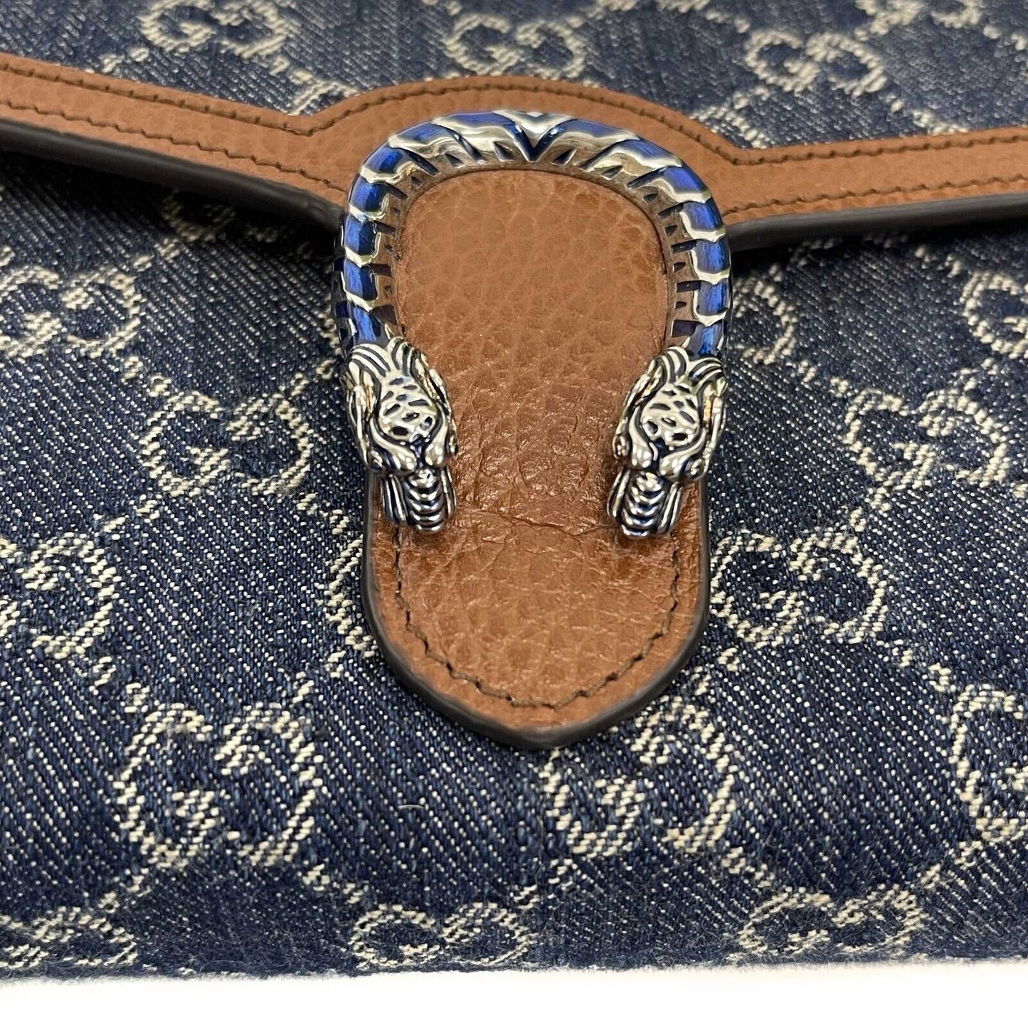 GUCCI - Dionysus GG Denim Shoulder Bag Collection - Blue Brown w/ Shoulder Chain