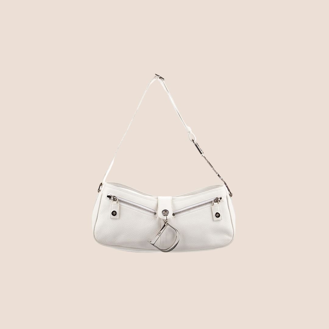 CHRISTIAN DIOR WHITE LEATHER D RING SHOULDER BAG