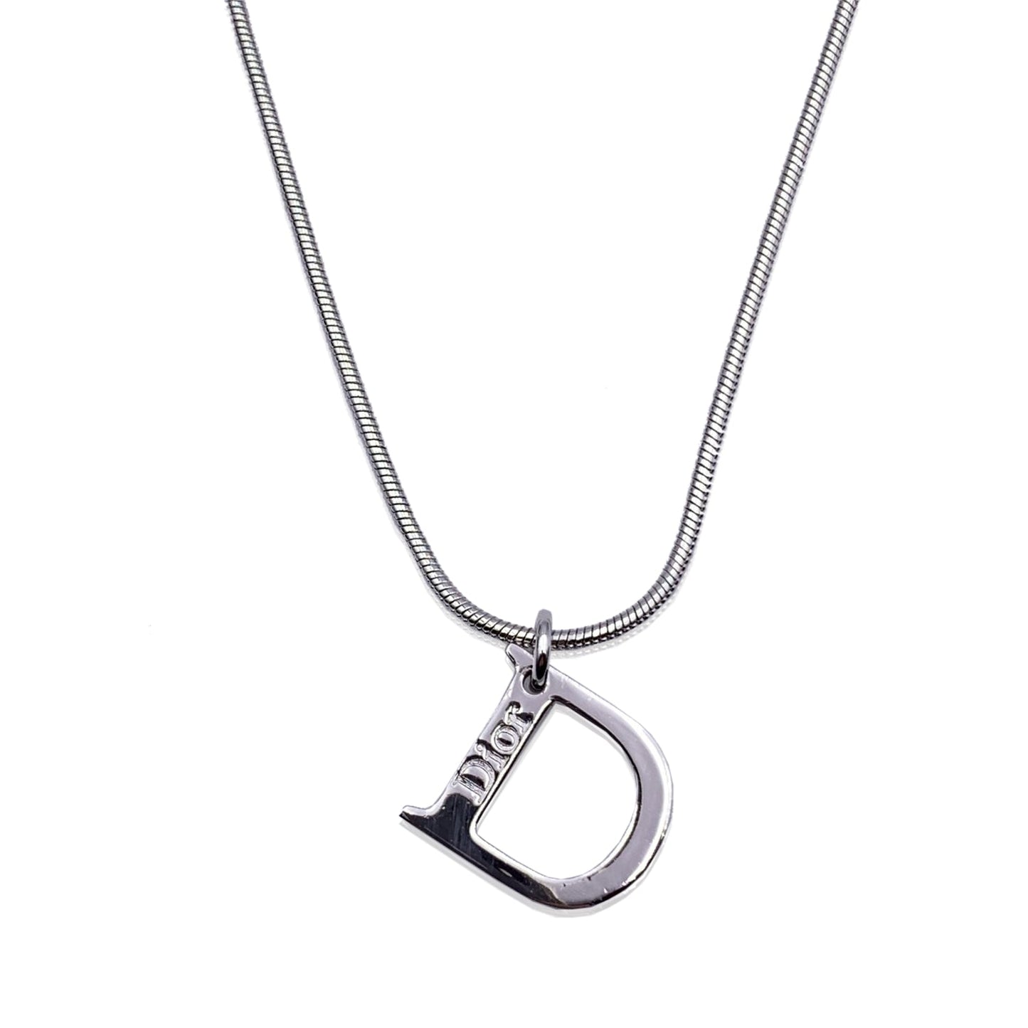 CHRISTIAN DIOR Silver Metal D Logo Pendant Chain Necklace