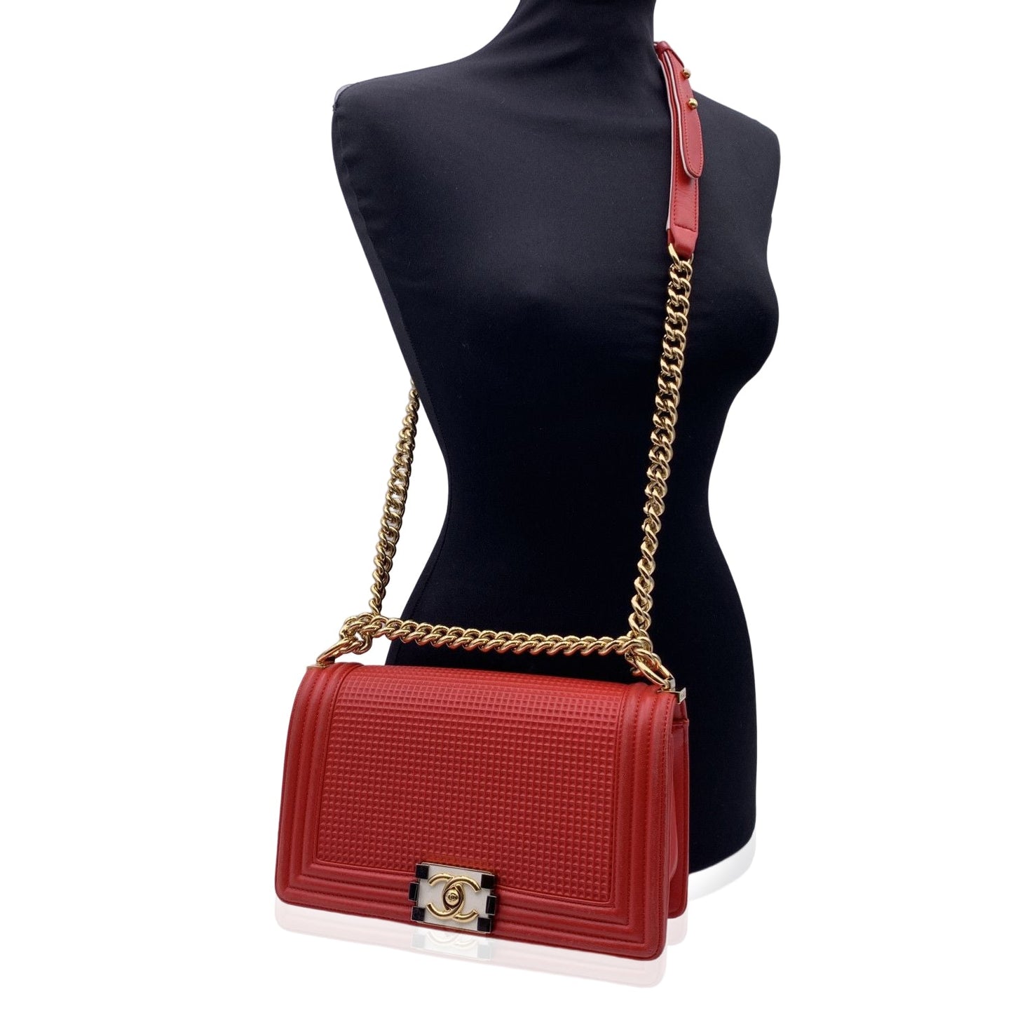 CHANEL Red Cube Embossed Leather Medium Boy Shoulder Bag