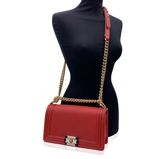 CHANEL Red Cube Embossed Leather Medium Boy Shoulder Bag