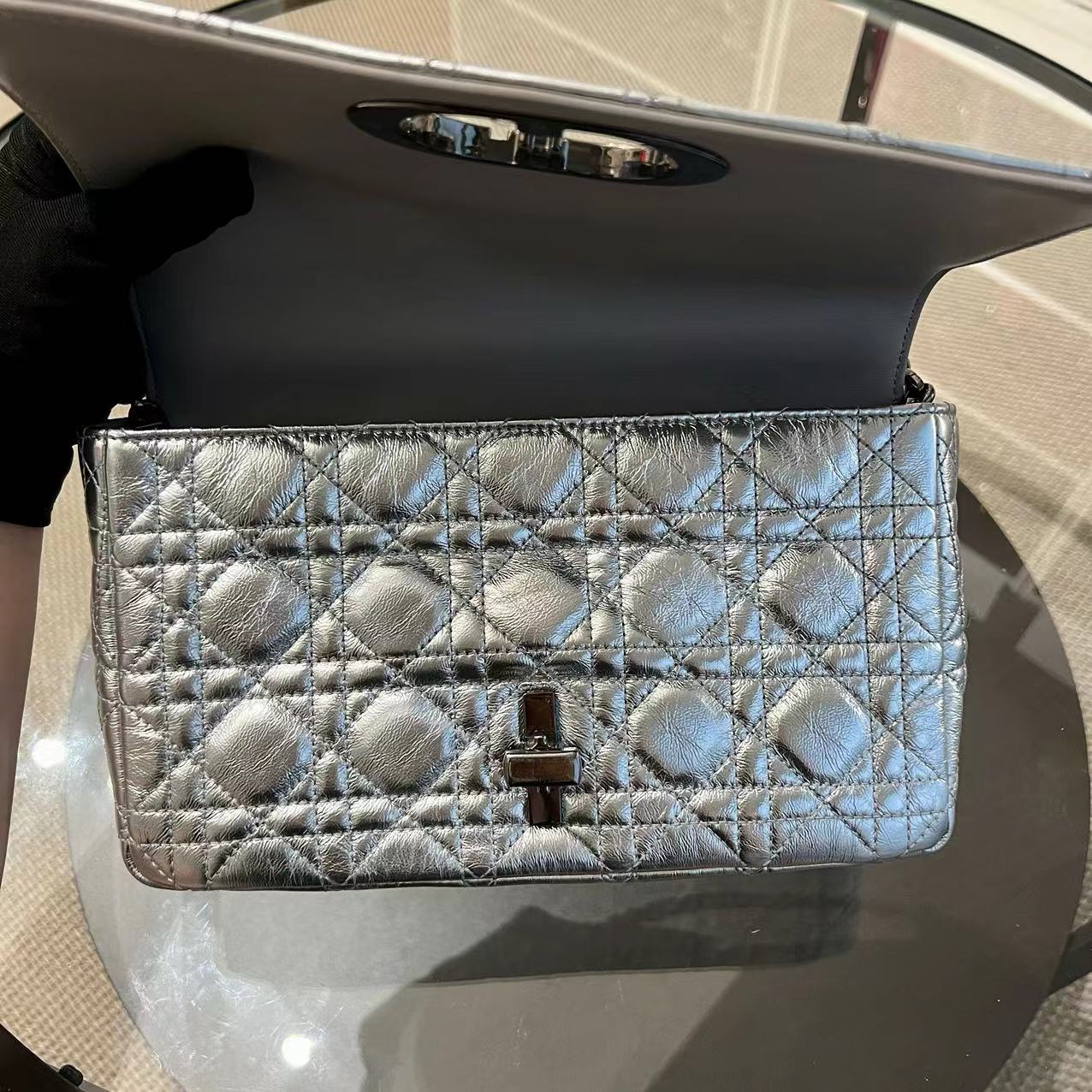 Caro Medium Calfskin Cannage Silver Metallic Shoulder Bag Silver Hardware