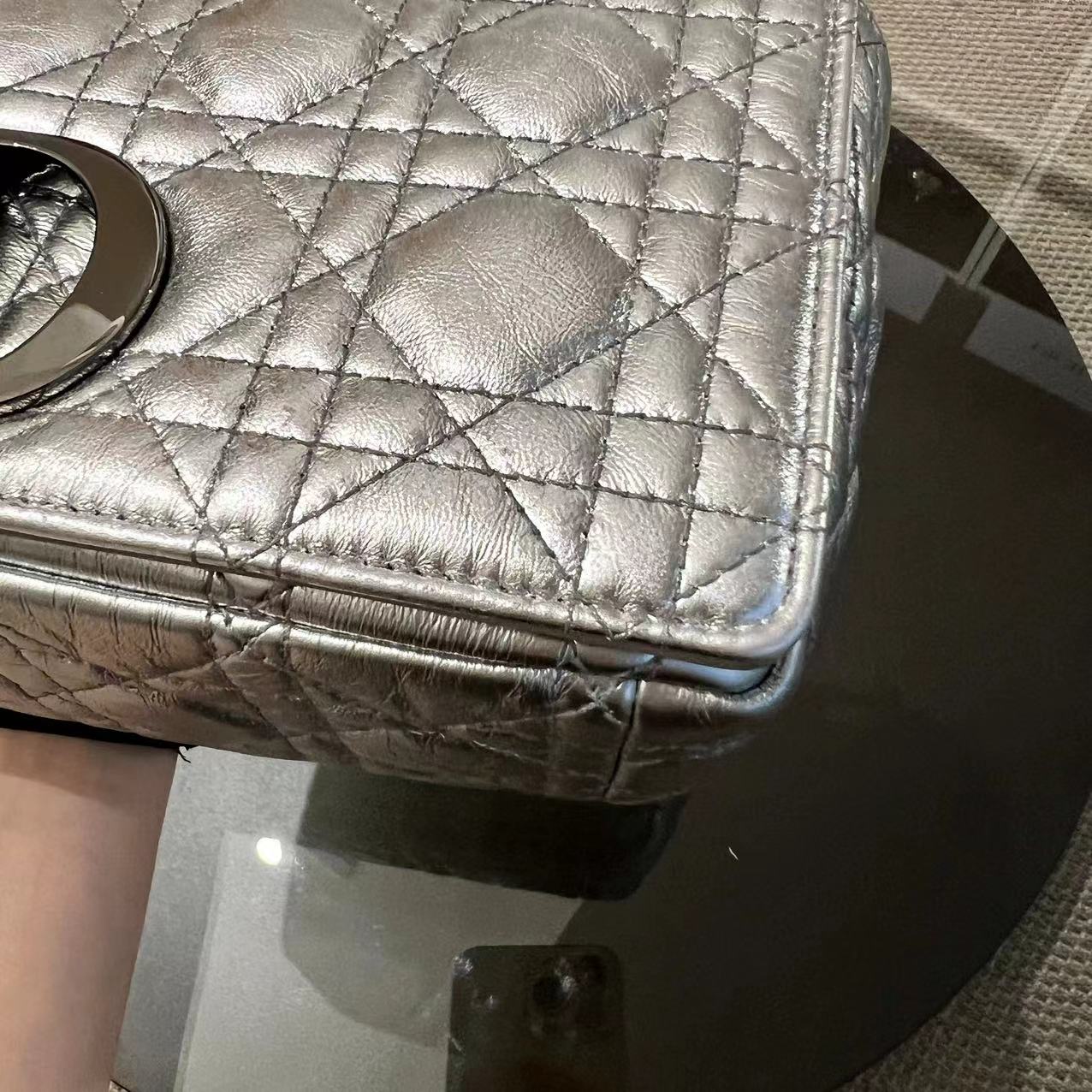 Caro Medium Calfskin Cannage Silver Metallic Shoulder Bag Silver Hardware