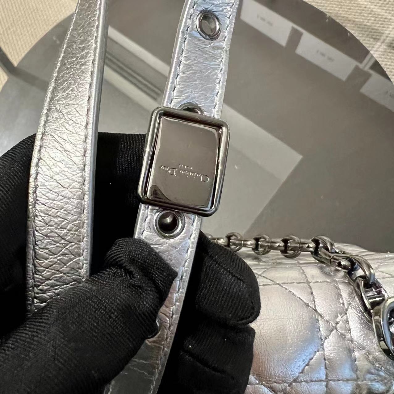 Caro Medium Calfskin Cannage Silver Metallic Shoulder Bag Silver Hardware