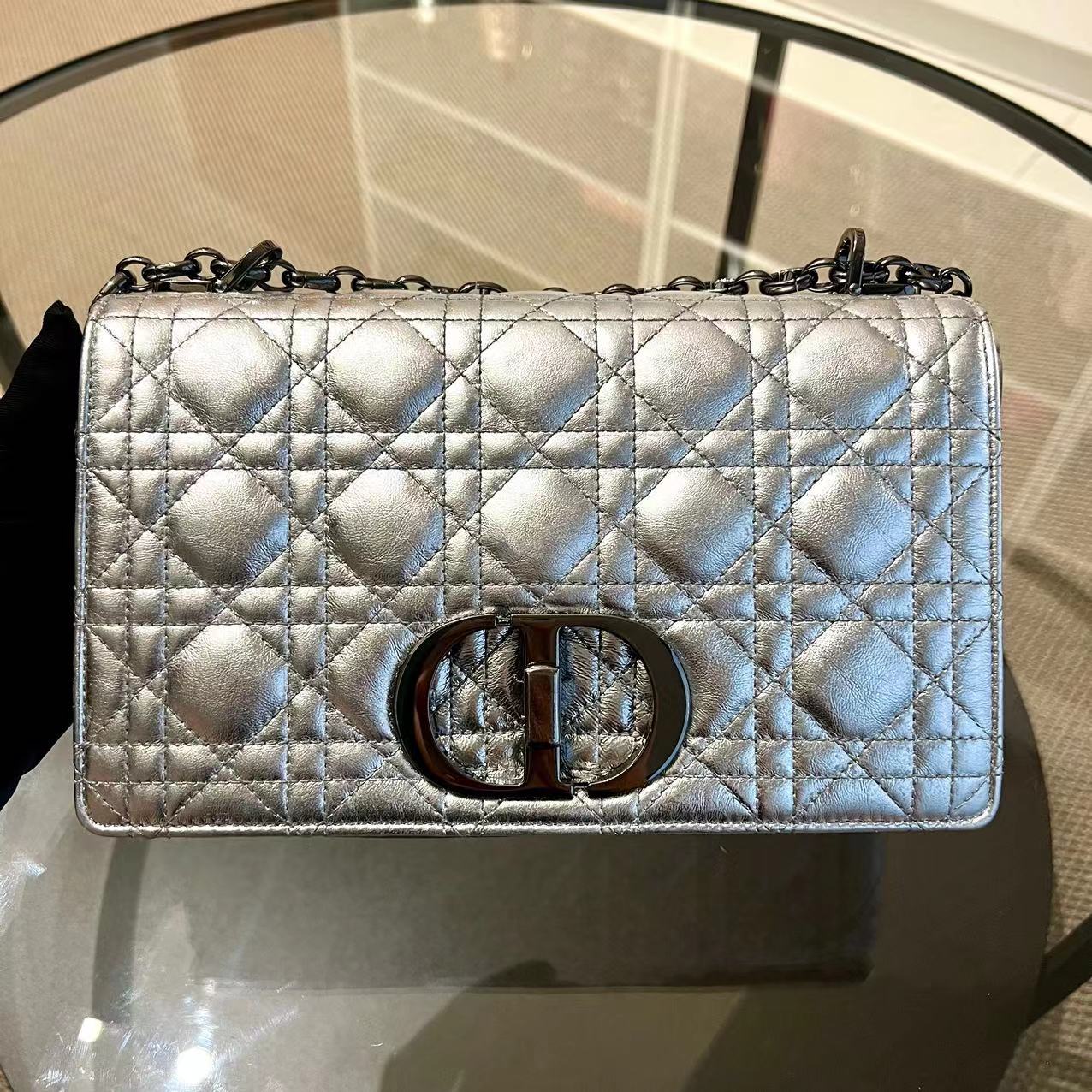 Caro Medium Calfskin Cannage Silver Metallic Shoulder Bag Silver Hardware