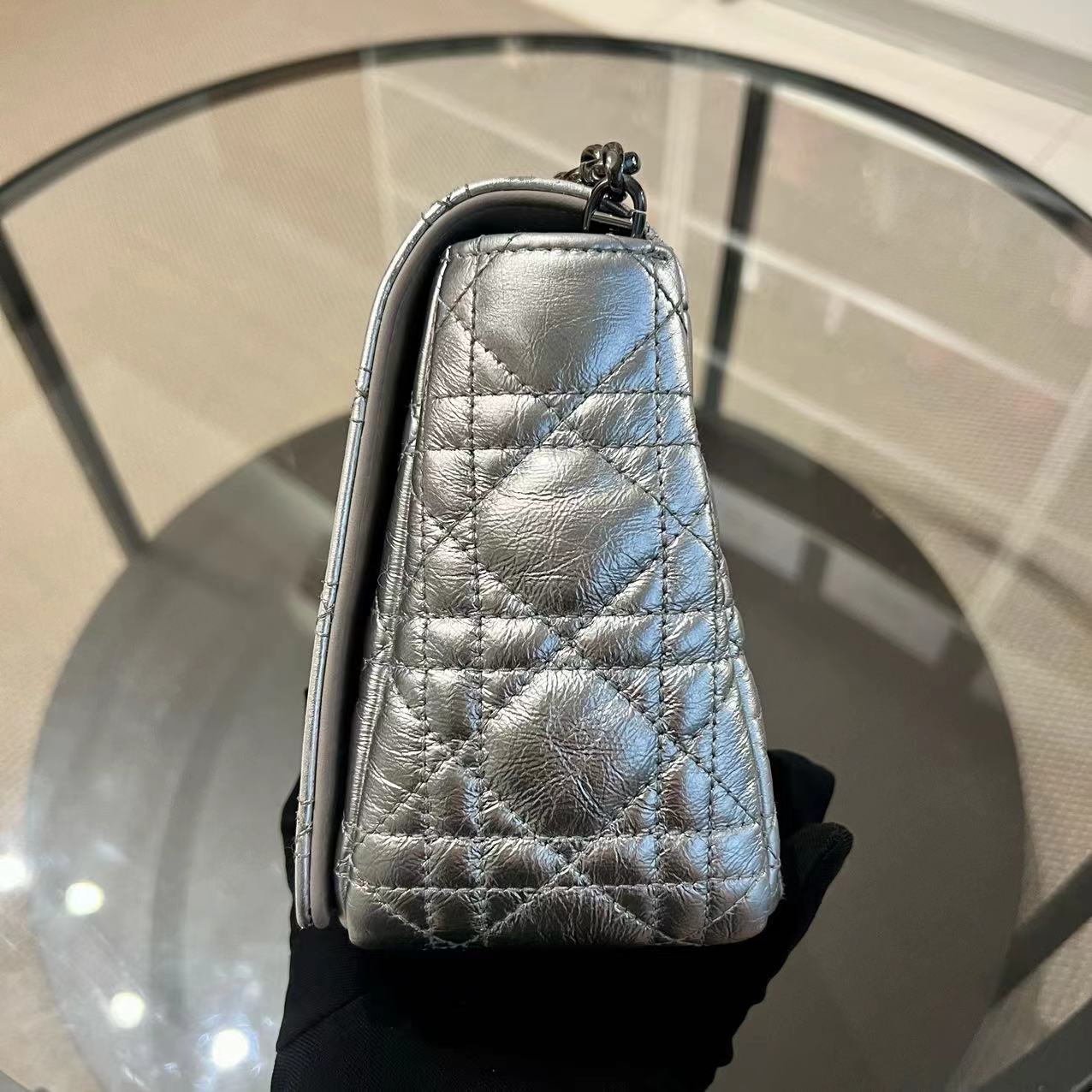 Caro Medium Calfskin Cannage Silver Metallic Shoulder Bag Silver Hardware