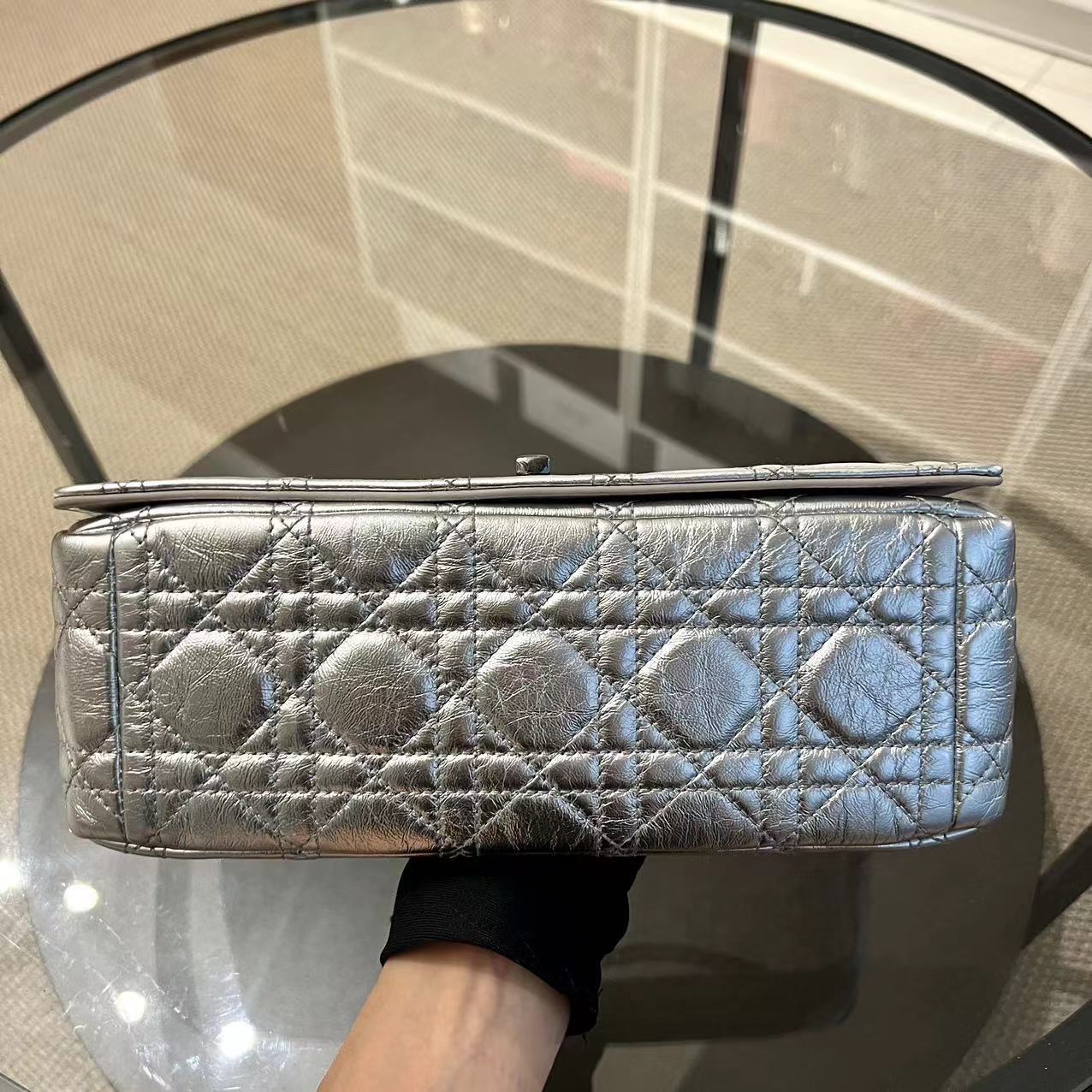 Caro Medium Calfskin Cannage Silver Metallic Shoulder Bag Silver Hardware