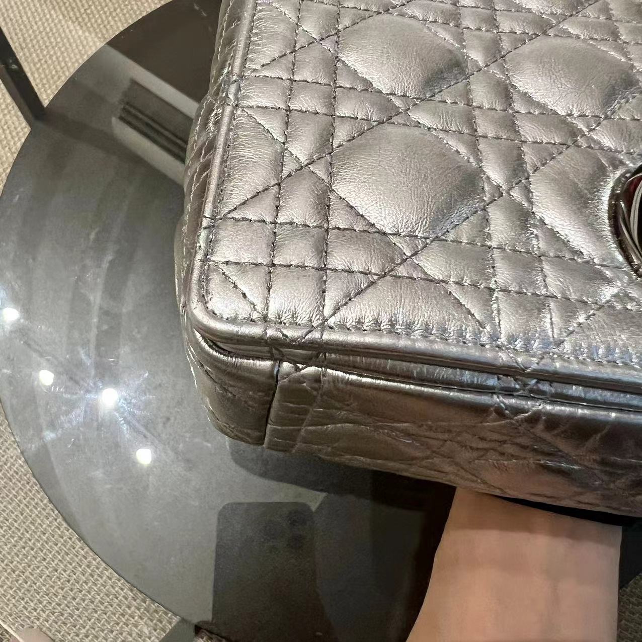 Caro Medium Calfskin Cannage Silver Metallic Shoulder Bag Silver Hardware