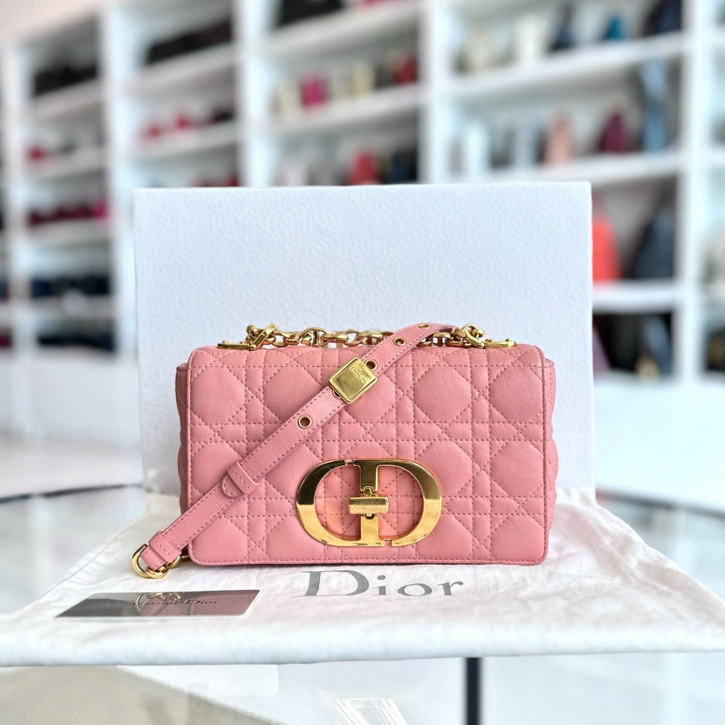 Dior Caro Small - Cannage Flap Bag Light Pink Calfskin Gold Hardware
