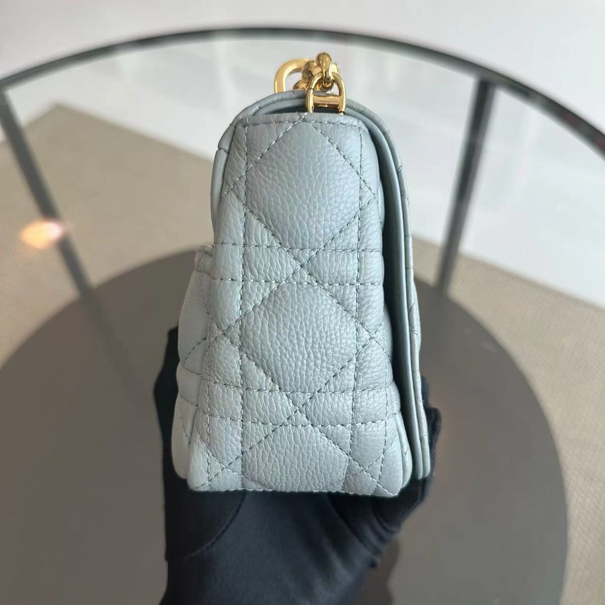 Caro Small Cannage Grained Calfskin Gray Grey GHW