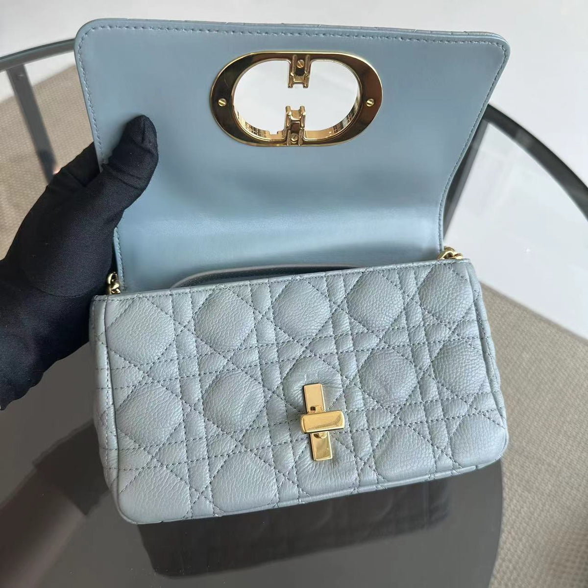 Caro Small Cannage Grained Calfskin Gray Grey GHW