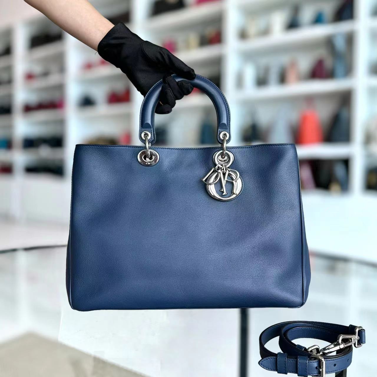 Diorissimo Large 38CM Smooth Calfskin Dark Navy Blue Silver Hardware