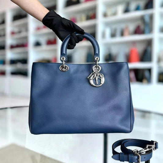 Diorissimo Large 38CM Smooth Calfskin Dark Navy Blue Silver Hardware
