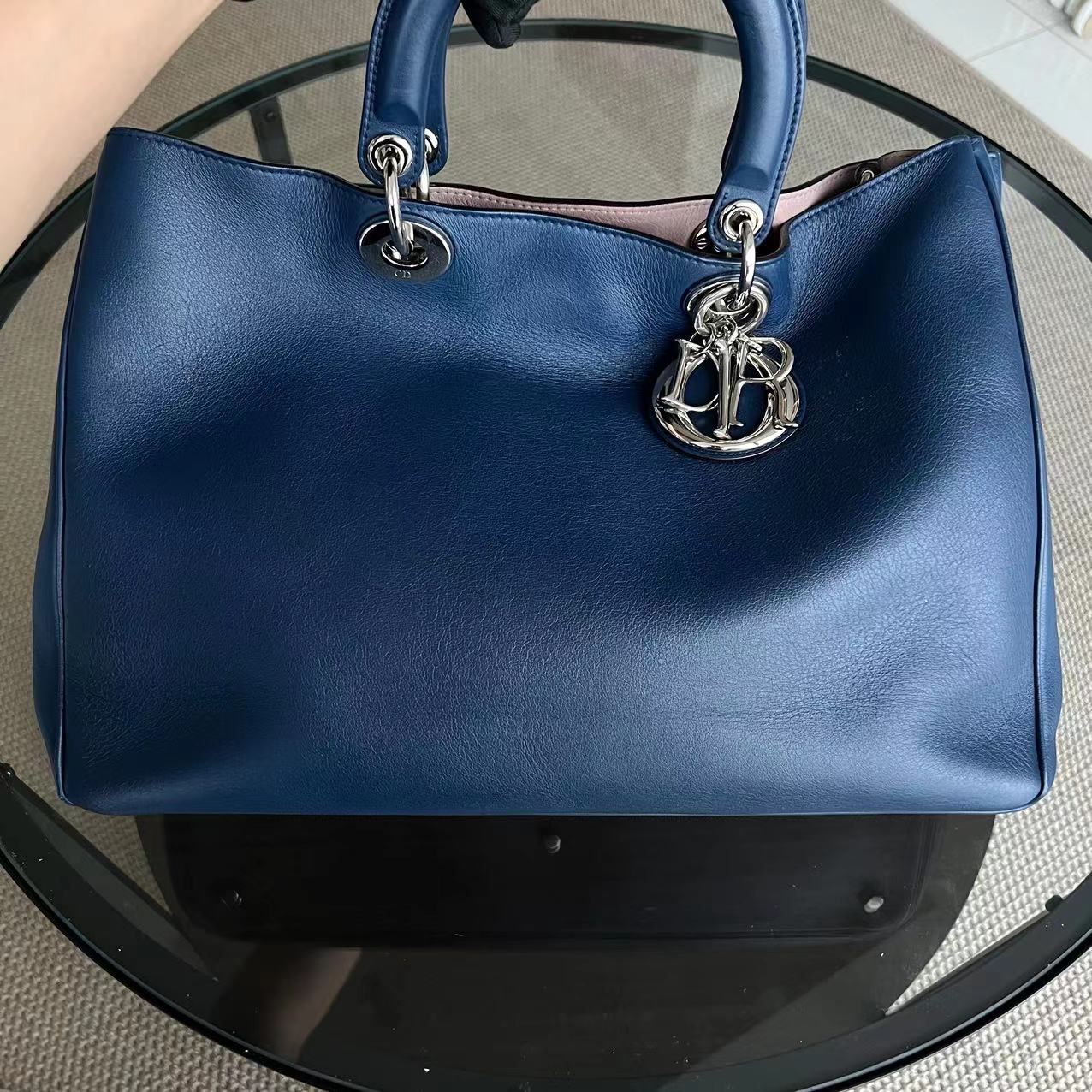 Diorissimo Large 38CM Smooth Calfskin Dark Navy Blue Silver Hardware