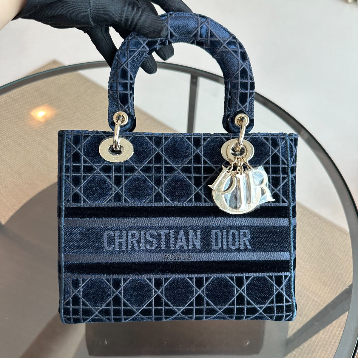 Lady D-Lite Cannage Embroidered Velvet Dark Blue GHW