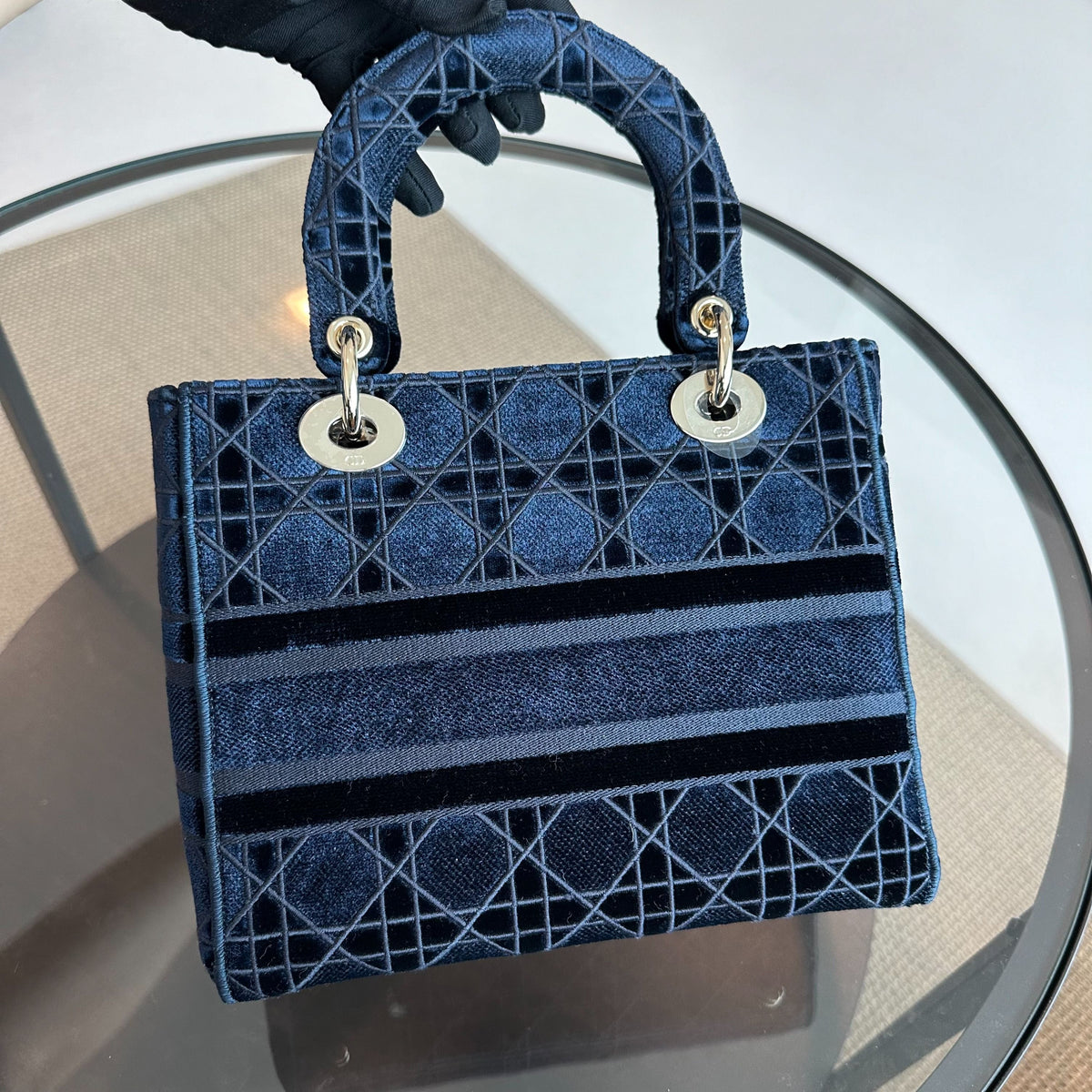 Lady D-Lite Cannage Embroidered Velvet Dark Blue GHW
