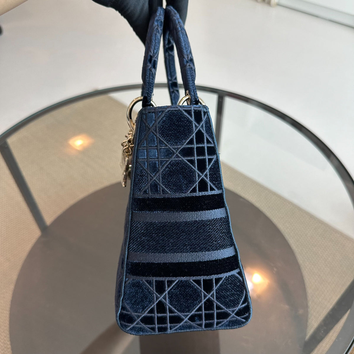 Lady D-Lite Cannage Embroidered Velvet Dark Blue GHW