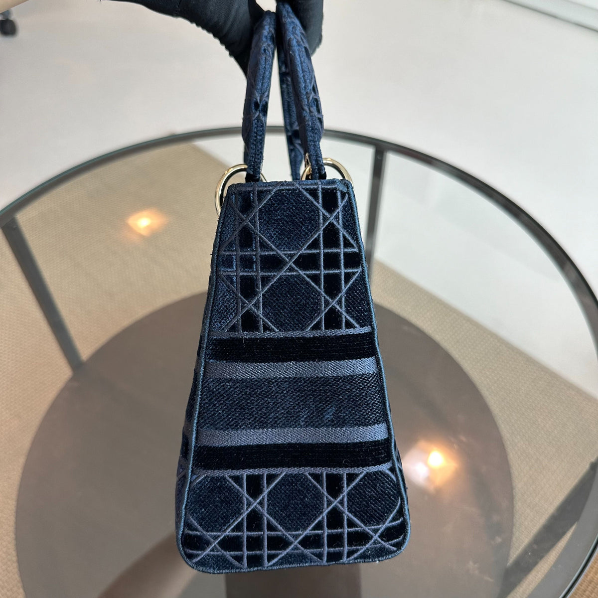 Lady D-Lite Cannage Embroidered Velvet Dark Blue GHW