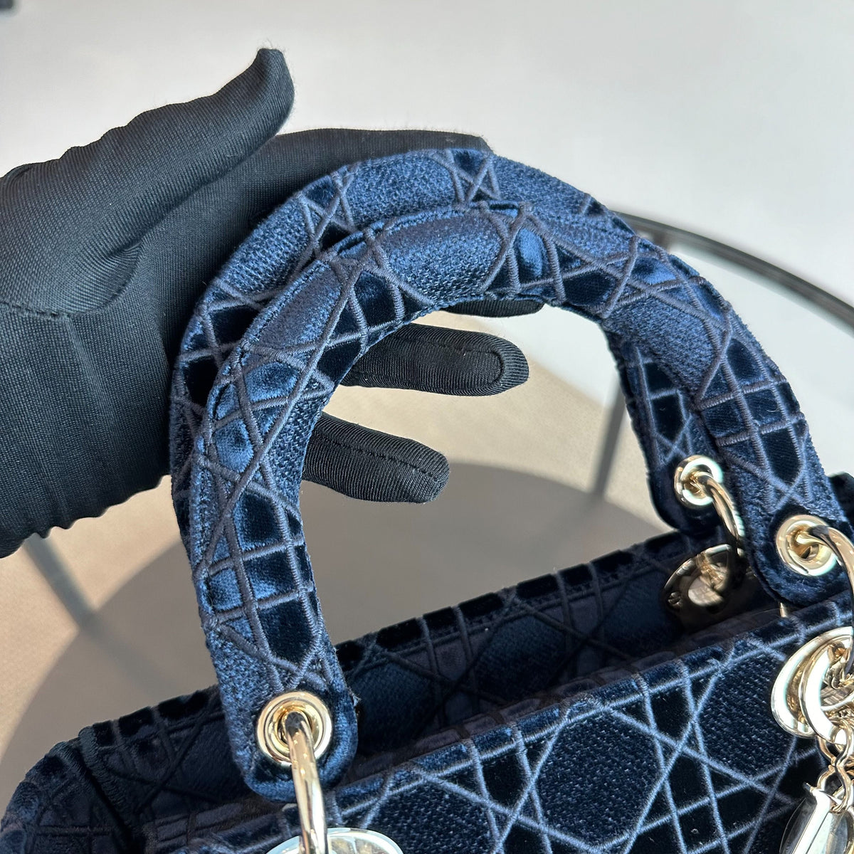 Lady D-Lite Cannage Embroidered Velvet Dark Blue GHW