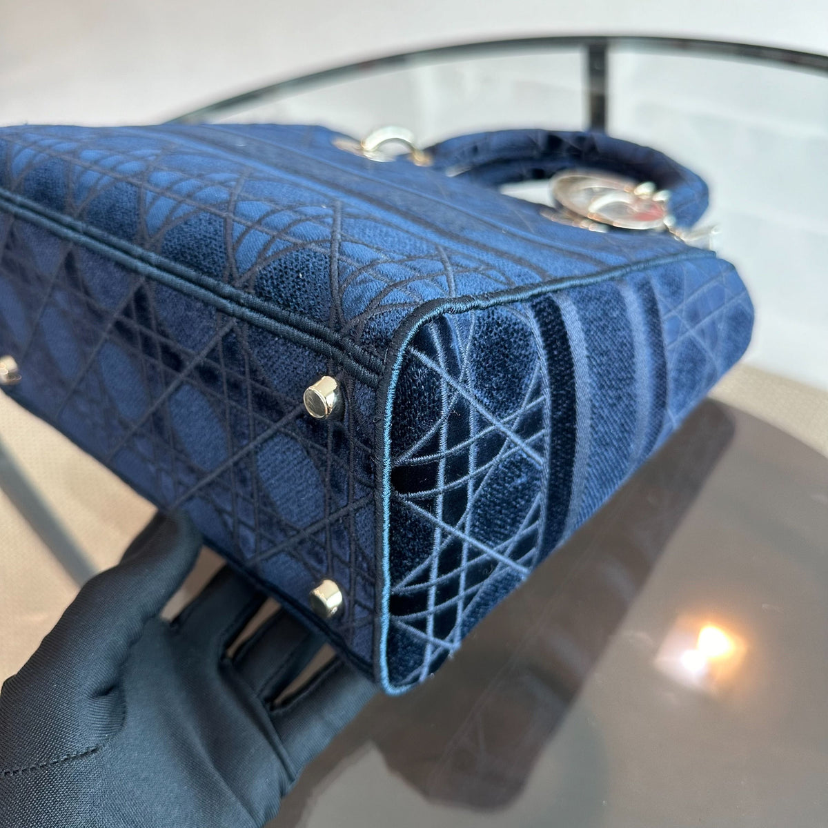 Lady D-Lite Cannage Embroidered Velvet Dark Blue GHW