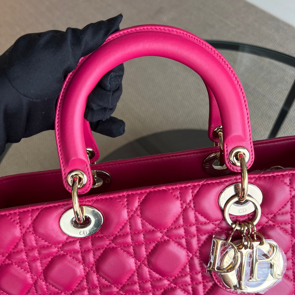 Lady Large Cannage Lambskin Hot Pink Gold Hardware