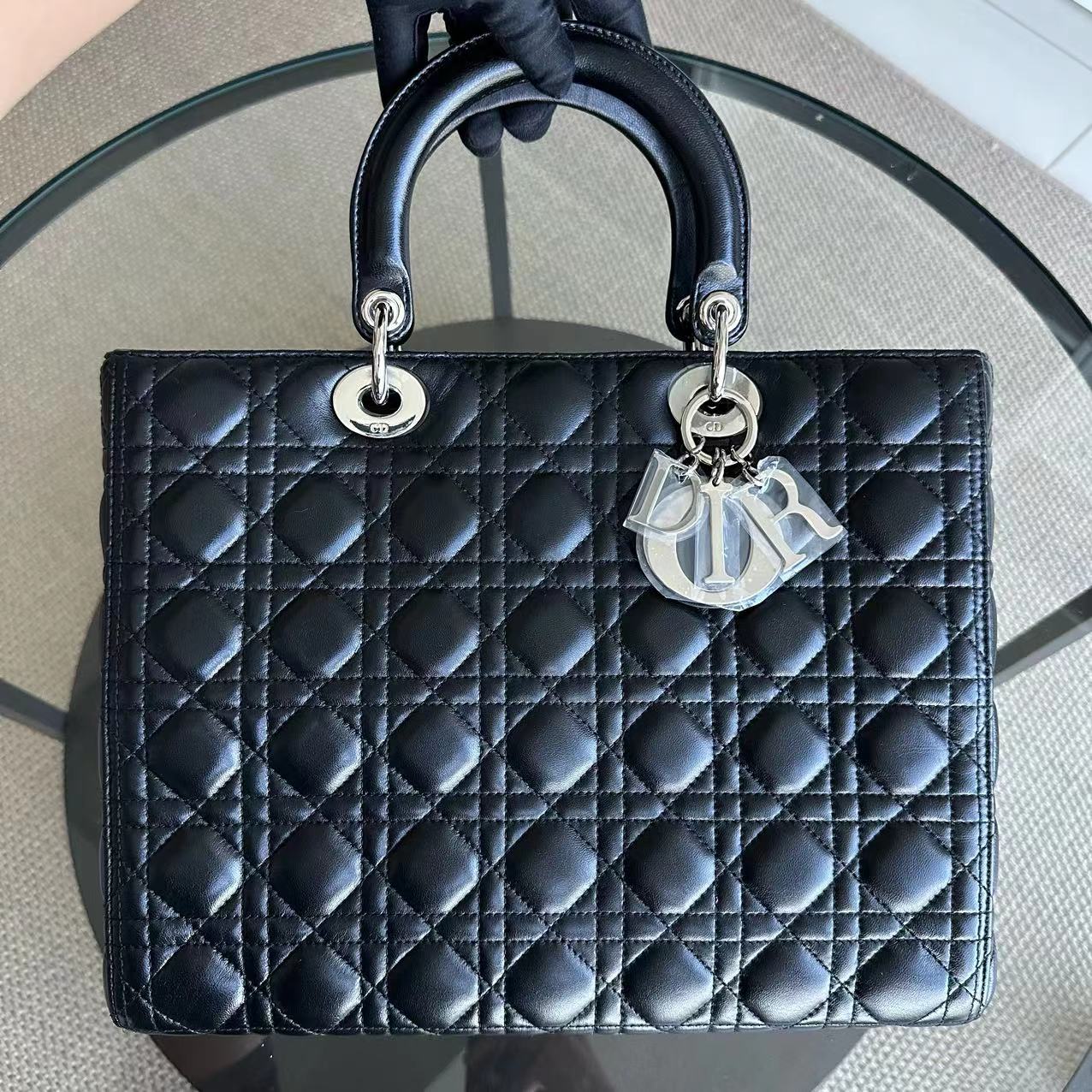 Lady Large Cannage Lambskin Tote Black SHW