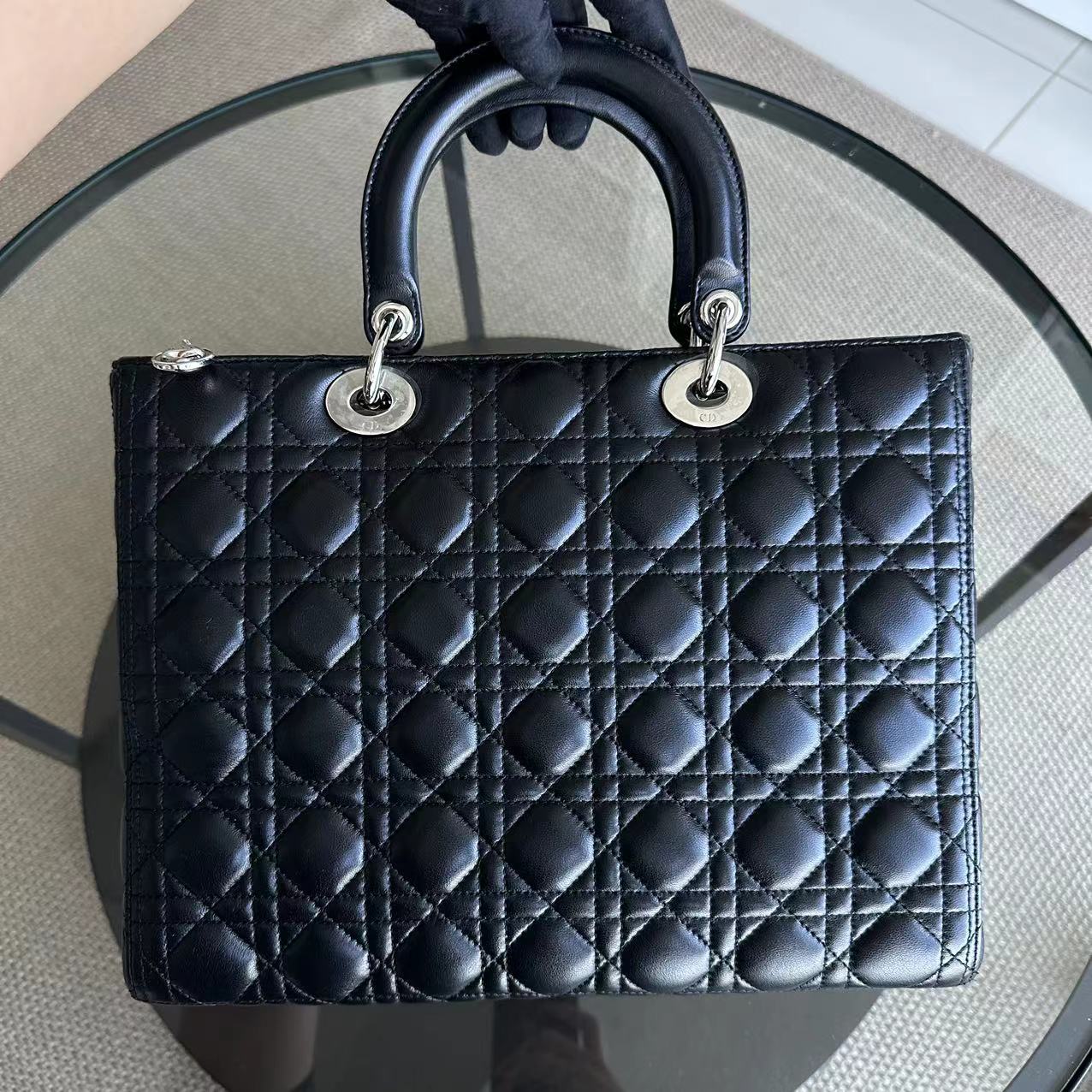 Lady Large Cannage Lambskin Tote Black SHW