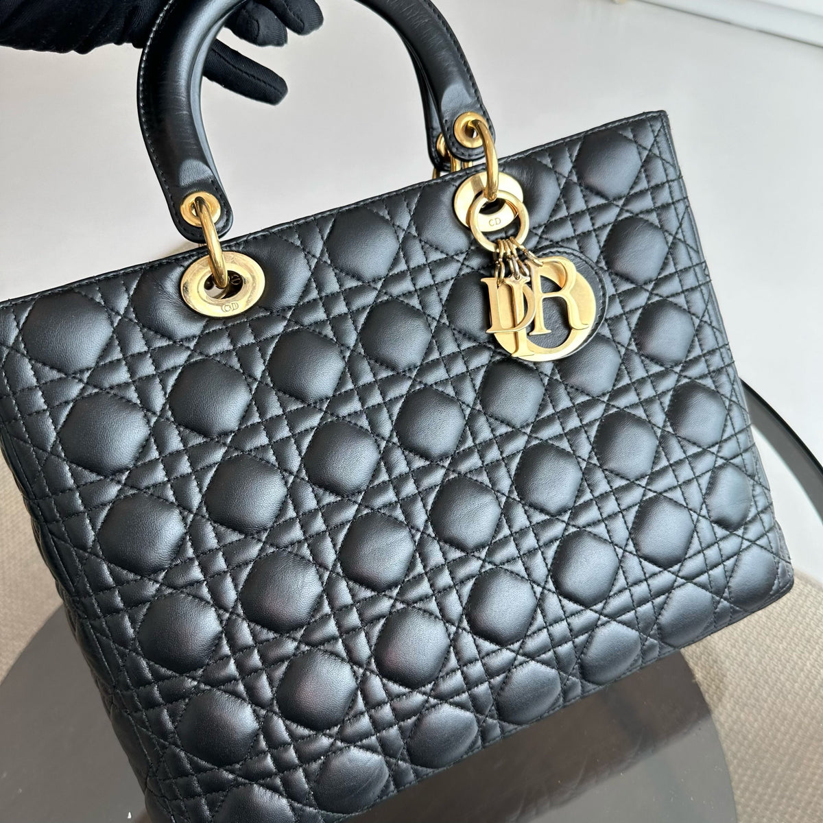 Lady Large Lambskin Cannage Black GHW