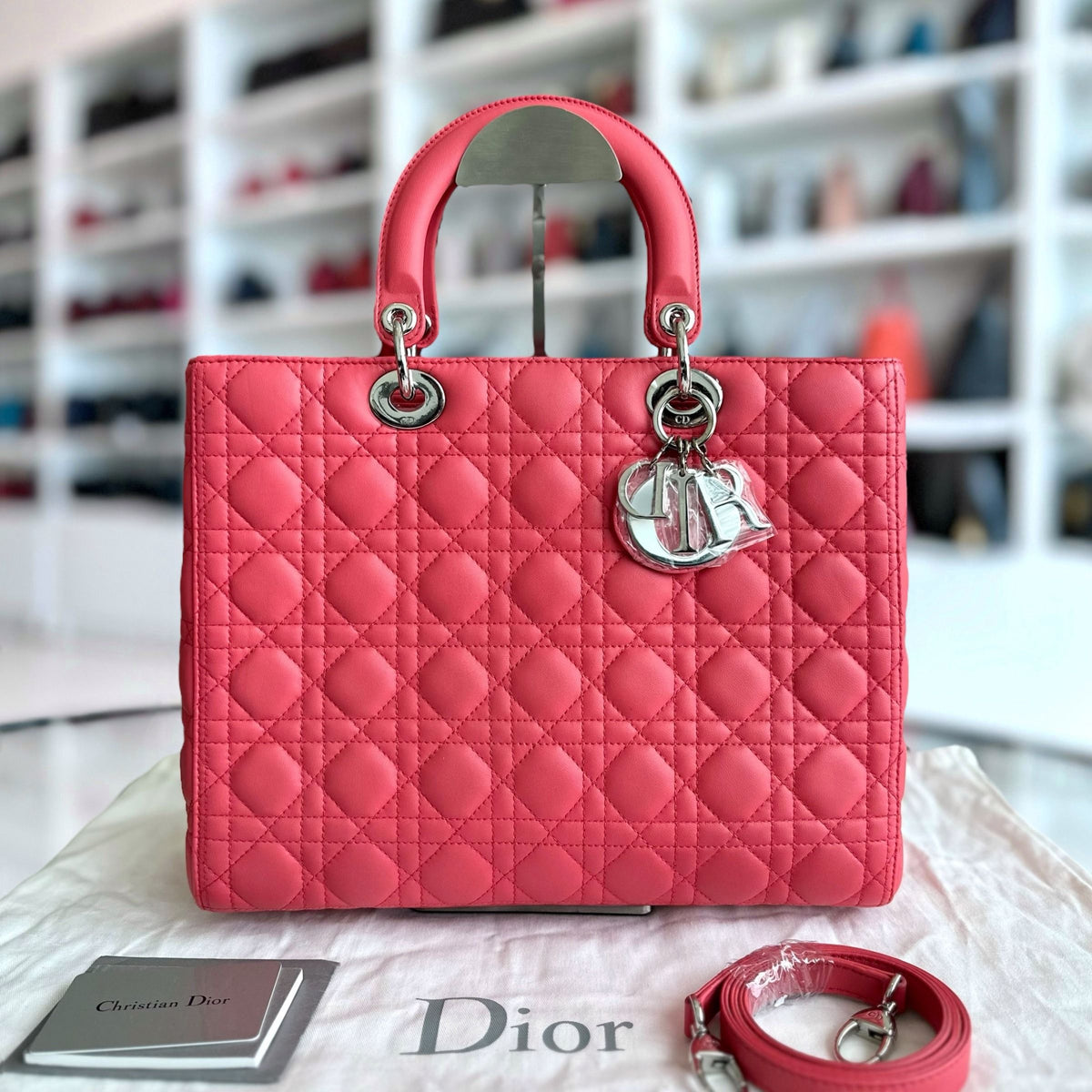 Lady Large Lambskin Cannage Hot Pink SHW