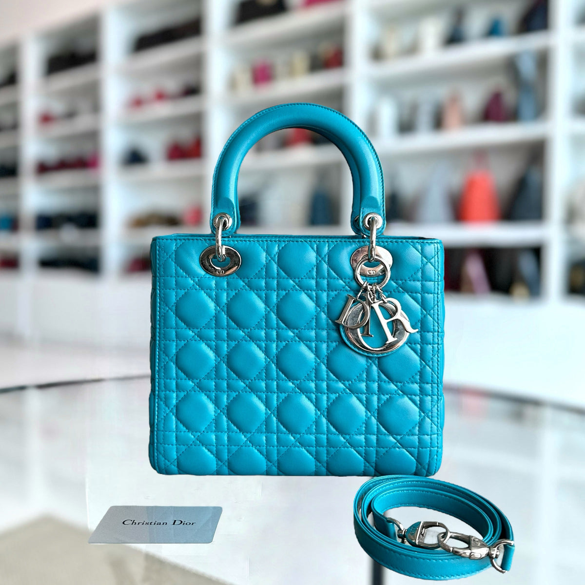 Lady Medium Cannage Lambskin Blue Silver Hardware