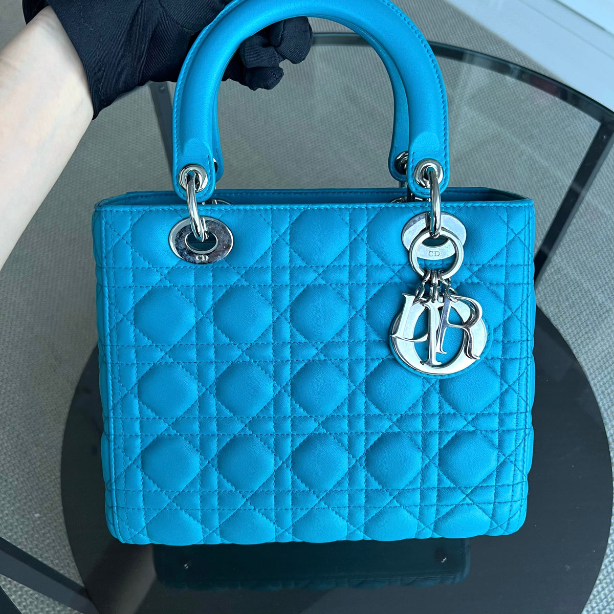 Lady Medium Cannage Lambskin Blue Silver Hardware