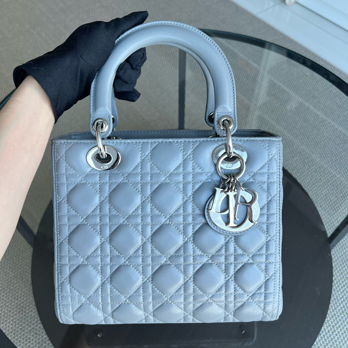 Lady Medium Cannage Lambskin Grey Gray Silver Hardware