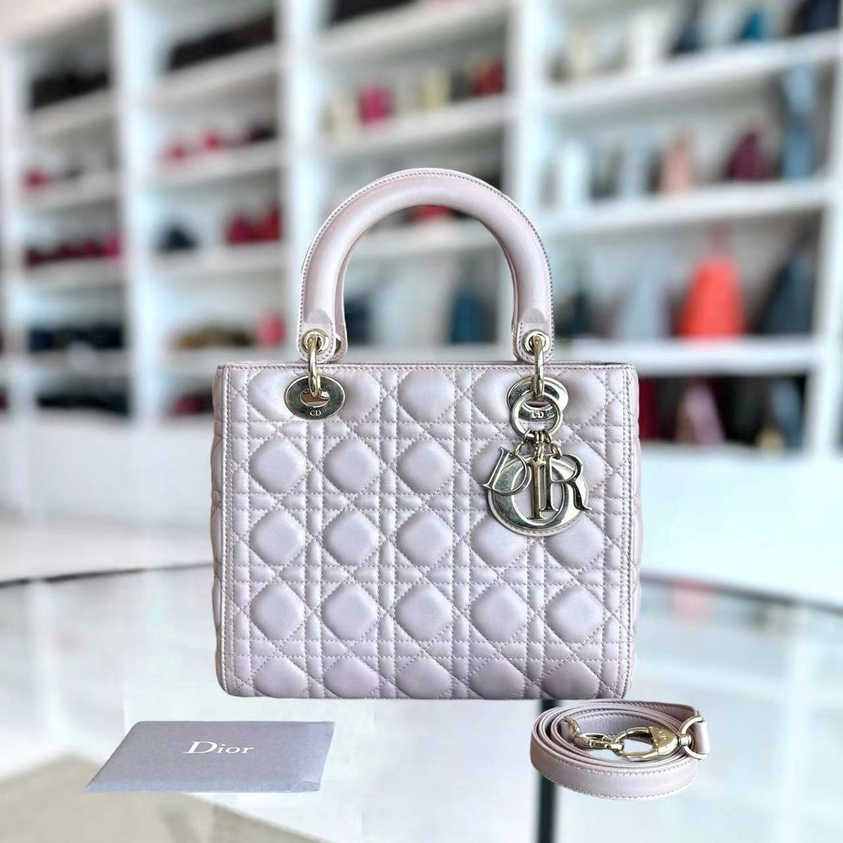 Lady Medium Cannage Lambskin Iridescent Sakura Pink Golden Hardware
